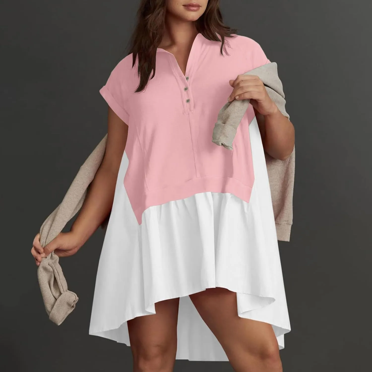 Women Short Sleeve Button Up Casual Beach Dress Simple Solid Color Sundress Loose Fashion Short Dress