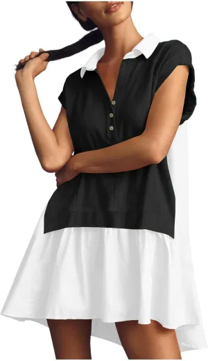Women Short Sleeve Button Up Casual Beach Dress Simple Solid Color Sundress Loose Fashion Short Dress