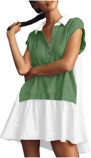 Women Short Sleeve Button Up Casual Beach Dress Simple Solid Color Sundress Loose Fashion Short Dress
