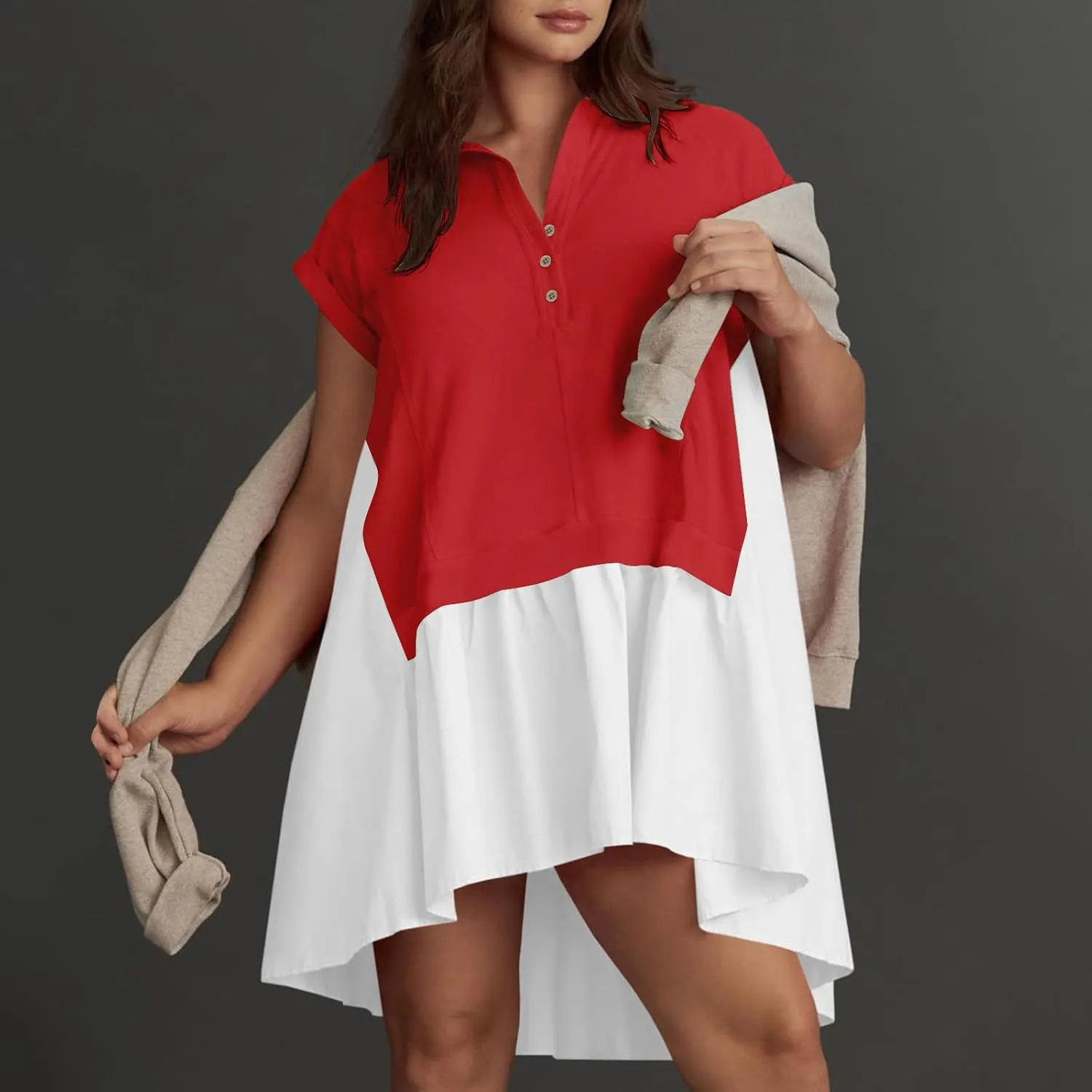 Women Short Sleeve Button Up Casual Beach Dress Simple Solid Color Sundress Loose Fashion Short Dress