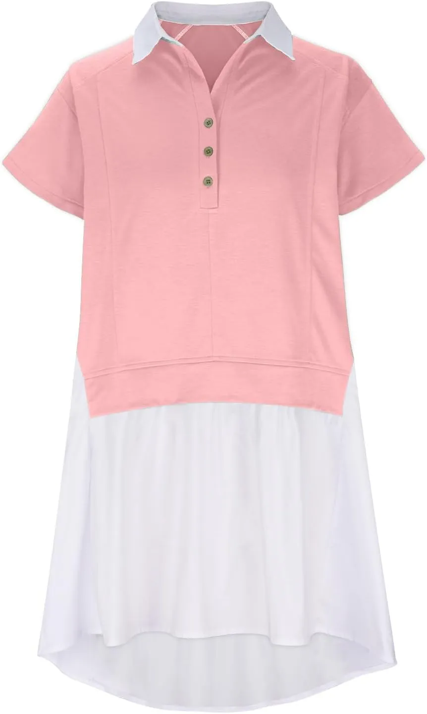 Women Short Sleeve Button Up Casual Beach Dress Simple Solid Color Sundress Loose Fashion Short Dress