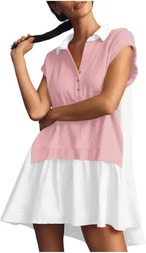 Women Short Sleeve Button Up Casual Beach Dress Simple Solid Color Sundress Loose Fashion Short Dress
