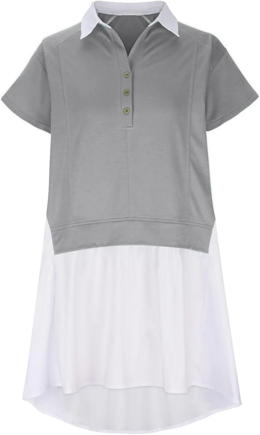 Women Short Sleeve Button Up Casual Beach Dress Simple Solid Color Sundress Loose Fashion Short Dress