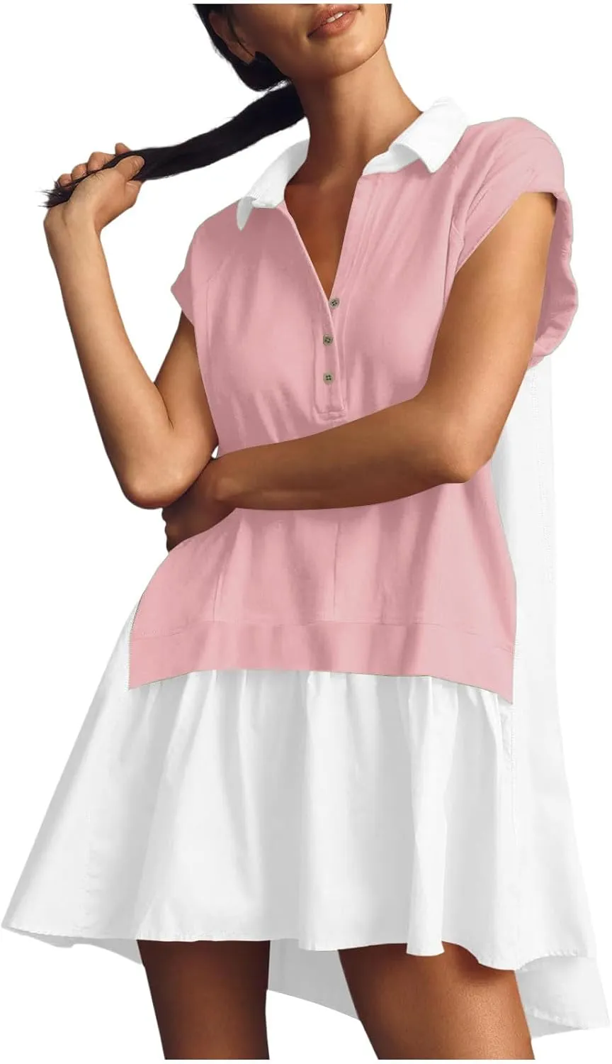 Women Short Sleeve Button Up Casual Beach Dress Simple Solid Color Sundress Loose Fashion Short Dress
