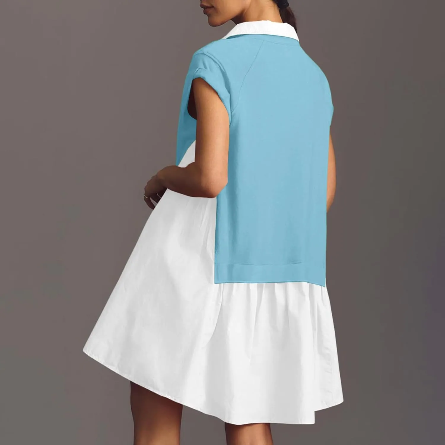 Women Short Sleeve Button Up Casual Beach Dress Simple Solid Color Sundress Loose Fashion Short Dress