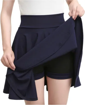 Women Skirt with Shorts High Waist Side Zipper Pleated Wrap Solid Color Casual Summer A Line Mini Skirts