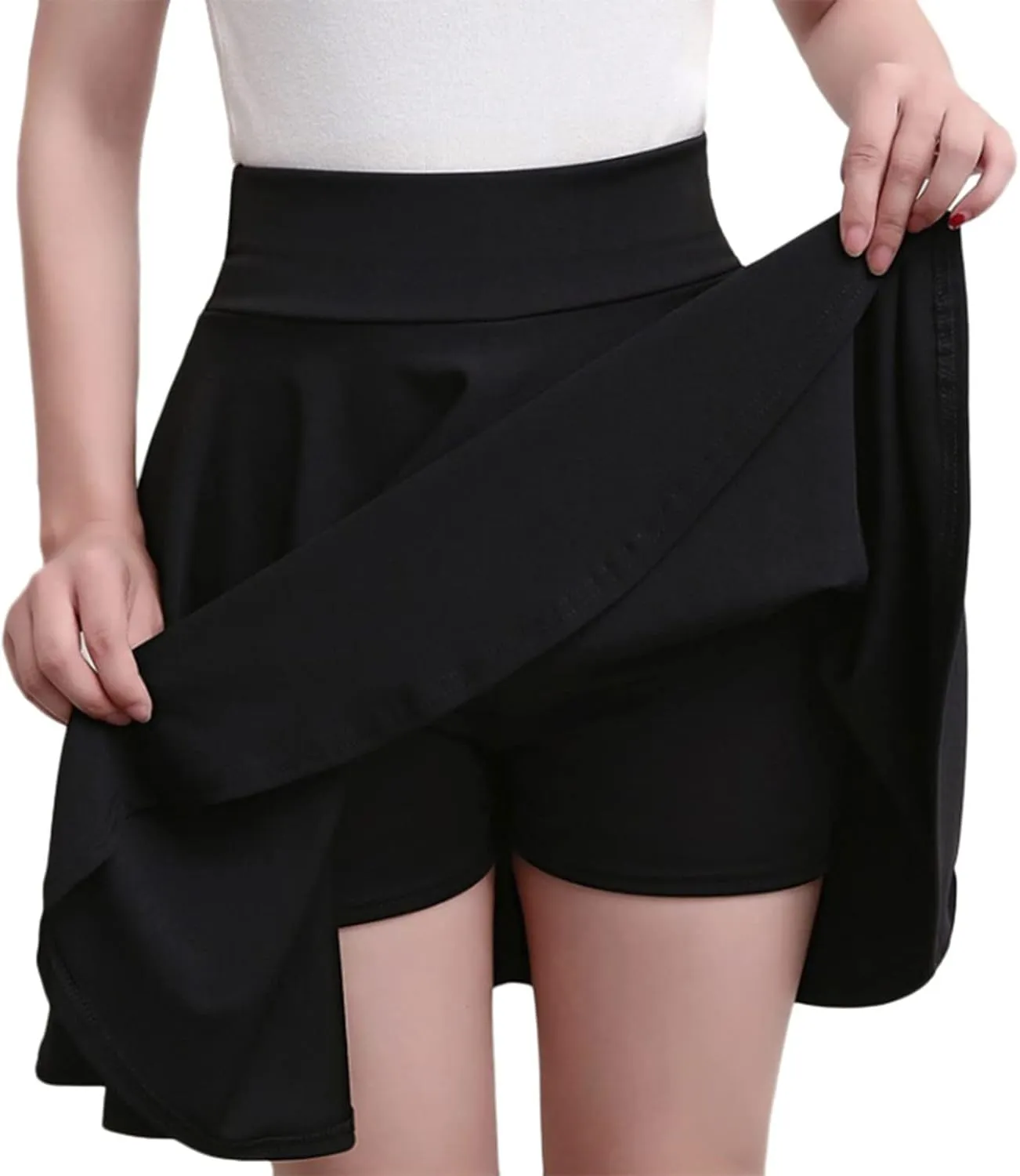 Women Skirt with Shorts High Waist Side Zipper Pleated Wrap Solid Color Casual Summer A Line Mini Skirts