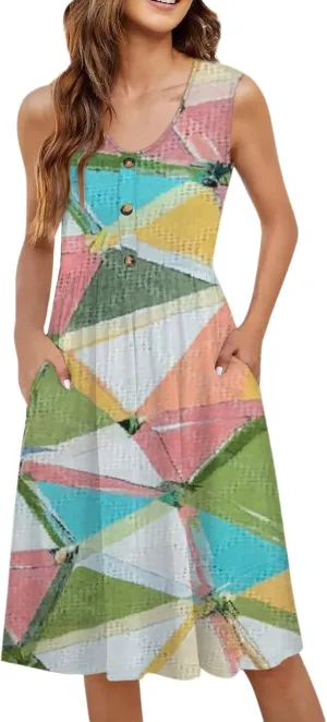 Women Summer Button Up Dresses 2025 Scoop Neck Sleeveless Casual Midi Dress Loose Vacation Sundress with Pockets