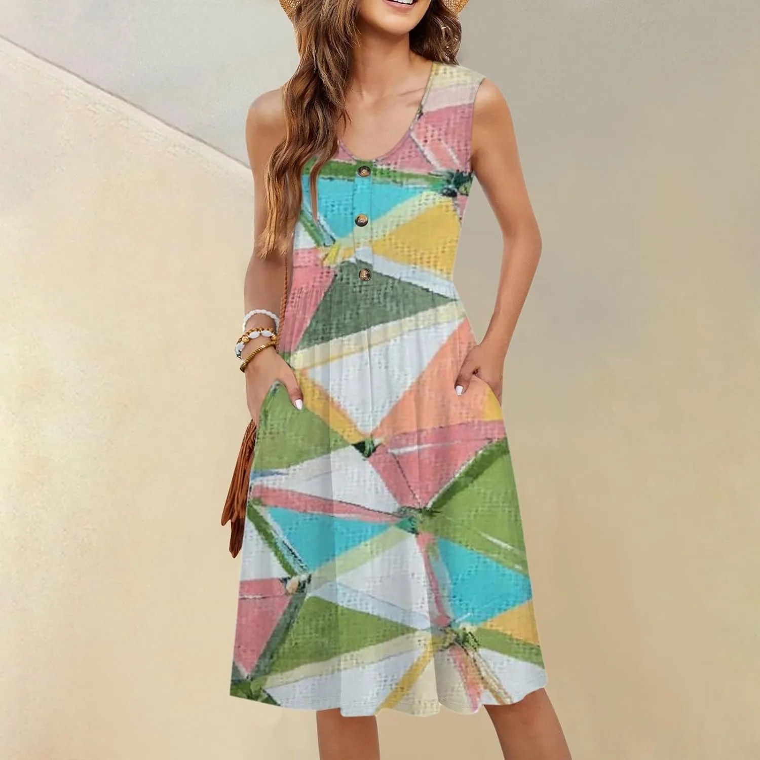 Women Summer Button Up Dresses 2025 Scoop Neck Sleeveless Casual Midi Dress Loose Vacation Sundress with Pockets