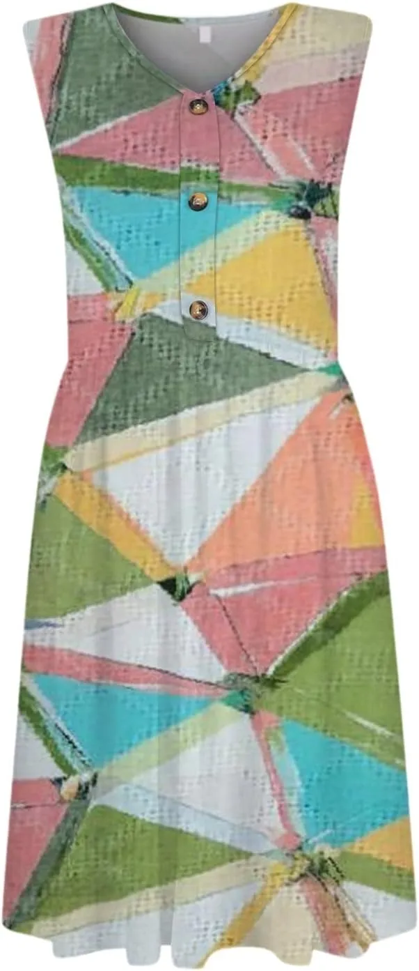 Women Summer Button Up Dresses 2025 Scoop Neck Sleeveless Casual Midi Dress Loose Vacation Sundress with Pockets
