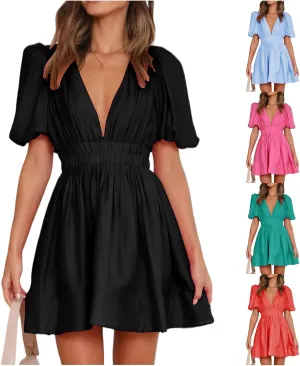 Women Summer Mini Dress Sexy V Neck Puff Short Sleeve A-Line Flowy Swing Dresses Party Dress 2025 Beach Sundress