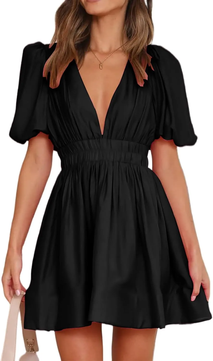 Women Summer Mini Dress Sexy V Neck Puff Short Sleeve A-Line Flowy Swing Dresses Party Dress 2025 Beach Sundress