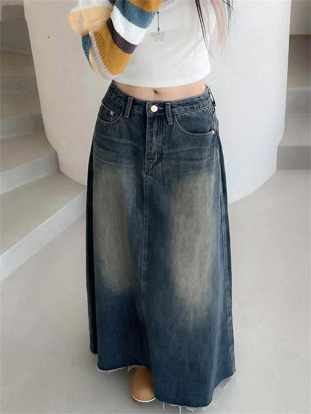 Women Vintage High Waisted Midi Jean Skirt Casual Button-Fly Denim Long Skirts