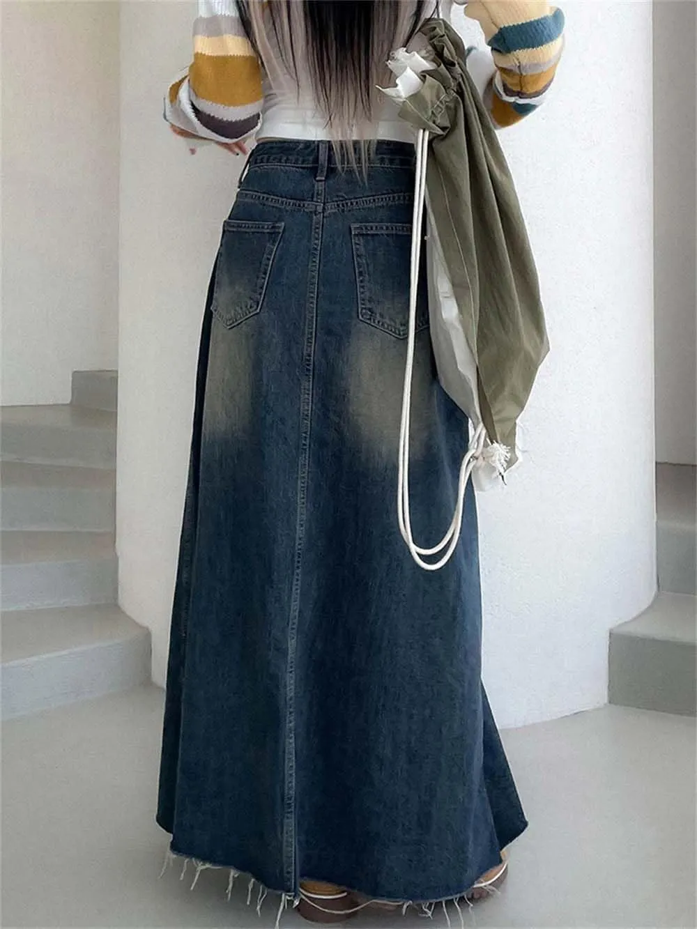 Women Vintage High Waisted Midi Jean Skirt Casual Button-Fly Denim Long Skirts