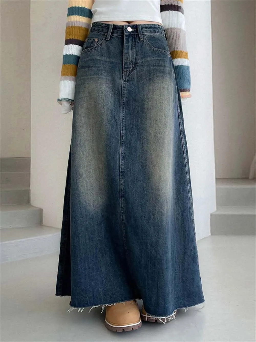 Women Vintage High Waisted Midi Jean Skirt Casual Button-Fly Denim Long Skirts