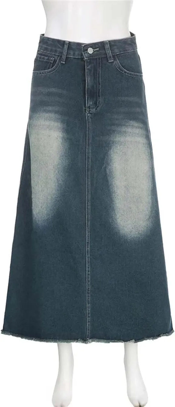 Women Vintage High Waisted Midi Jean Skirt Casual Button-Fly Denim Long Skirts