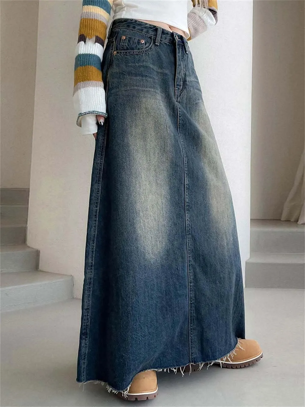 Women Vintage High Waisted Midi Jean Skirt Casual Button-Fly Denim Long Skirts