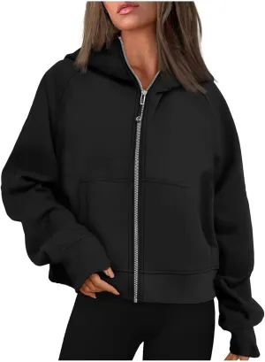 Women Zip Up Hoodies Y2k Cropped Sweatshirt Trendy Fleece Jacket Casual Collared Blouse Lightweight Long Sleeve Tops