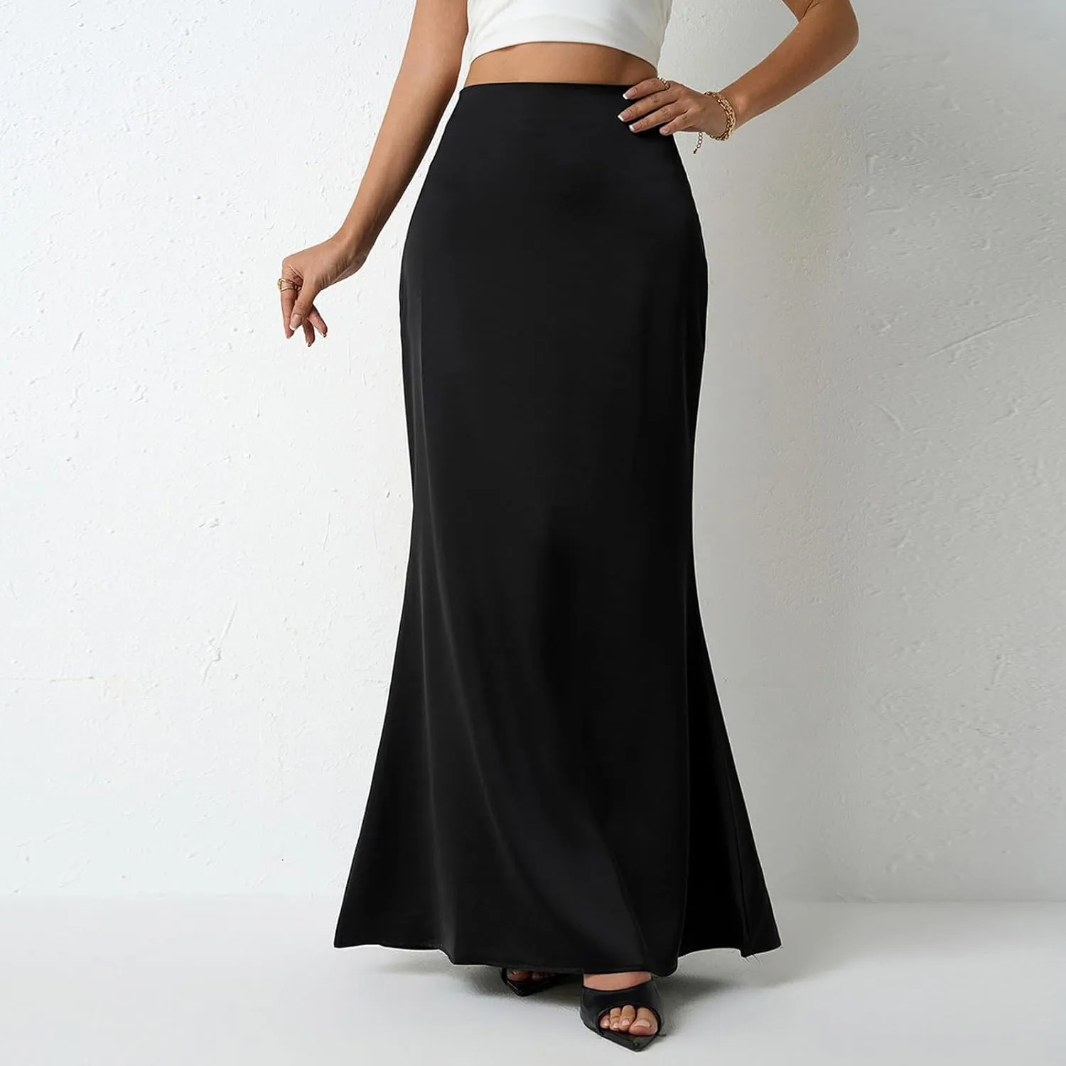 Women's 2025 Spring Basic Foldable High Waist Satin Solid Party Swing Maxi Skirt, XS-XL