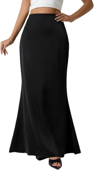 Women's 2025 Spring Basic Foldable High Waist Satin Solid Party Swing Maxi Skirt, XS-XL