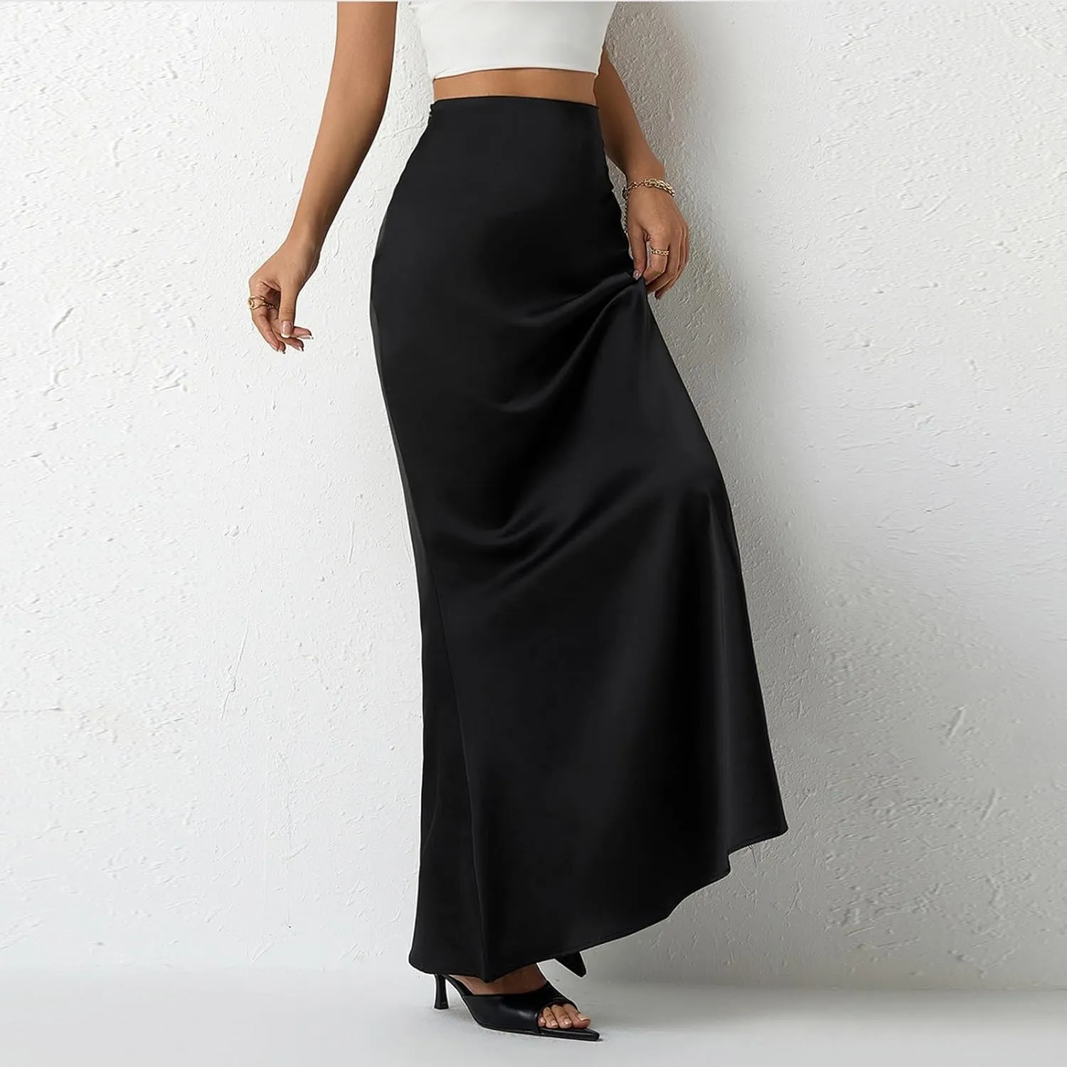 Women's 2025 Spring Basic Foldable High Waist Satin Solid Party Swing Maxi Skirt, XS-XL