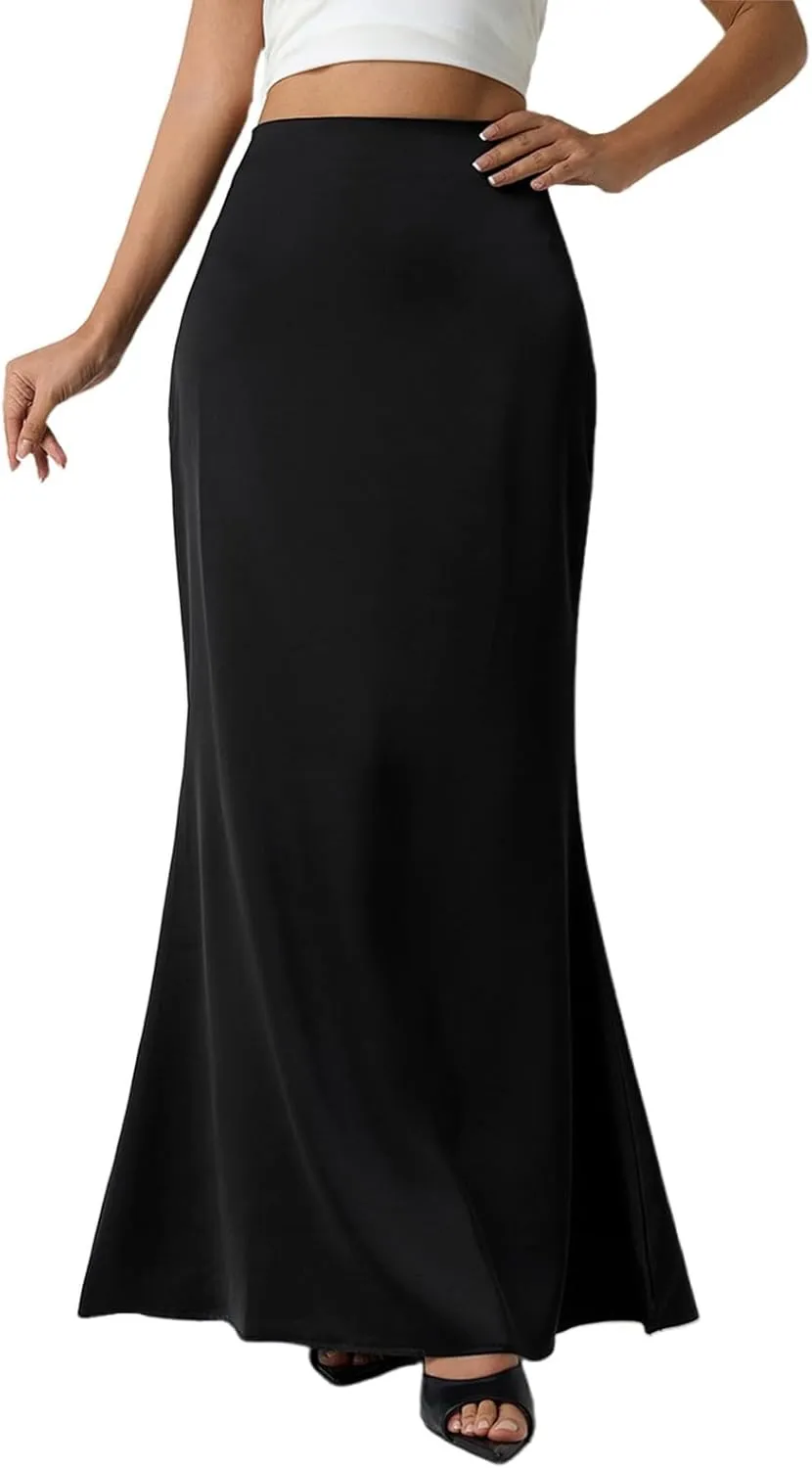 Women's 2025 Spring Basic Foldable High Waist Satin Solid Party Swing Maxi Skirt, XS-XL
