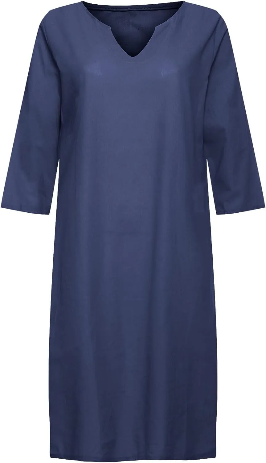 Women's 2025 Summer Cotton Linen Dress Spring Casual Boho 3/4 Sleeve Shirt Derss Flowy Skirt Beach Cover Ups Clothes
