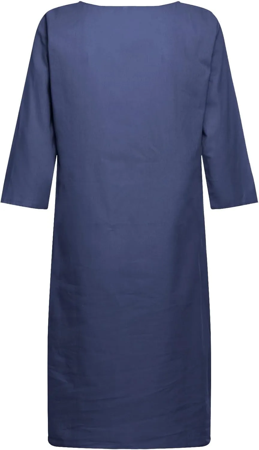 Women's 2025 Summer Cotton Linen Dress Spring Casual Boho 3/4 Sleeve Shirt Derss Flowy Skirt Beach Cover Ups Clothes
