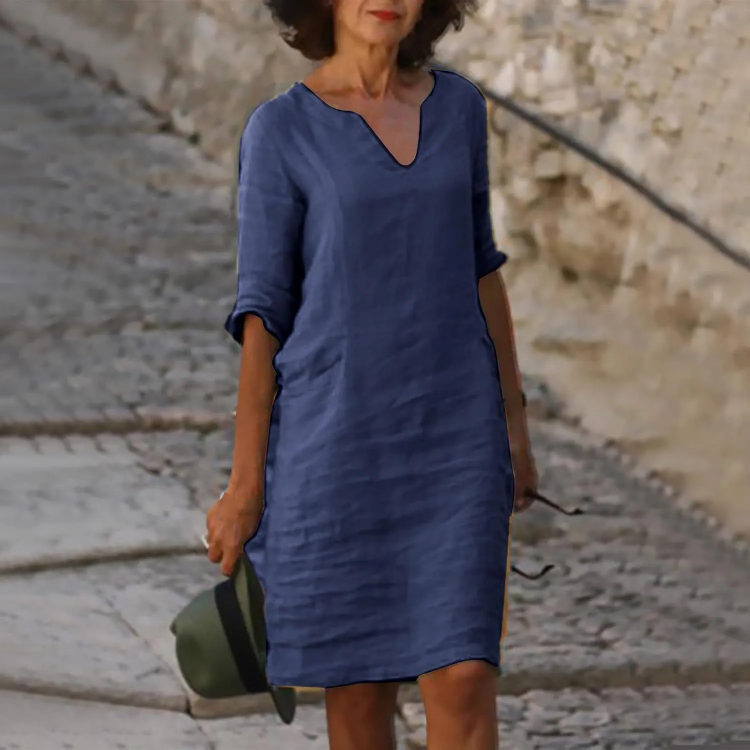 Women's 2025 Summer Cotton Linen Dress Spring Casual Boho 3/4 Sleeve Shirt Derss Flowy Skirt Beach Cover Ups Clothes