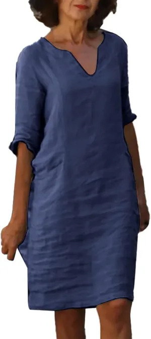 Women's 2025 Summer Cotton Linen Dress Spring Casual Boho 3/4 Sleeve Shirt Derss Flowy Skirt Beach Cover Ups Clothes