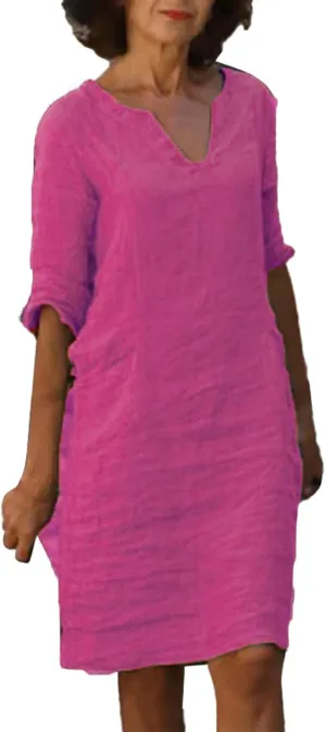 Women's 2025 Summer Cotton Linen Dress Spring Casual Boho 3/4 Sleeve Shirt Derss Flowy Skirt Beach Cover Ups Clothes