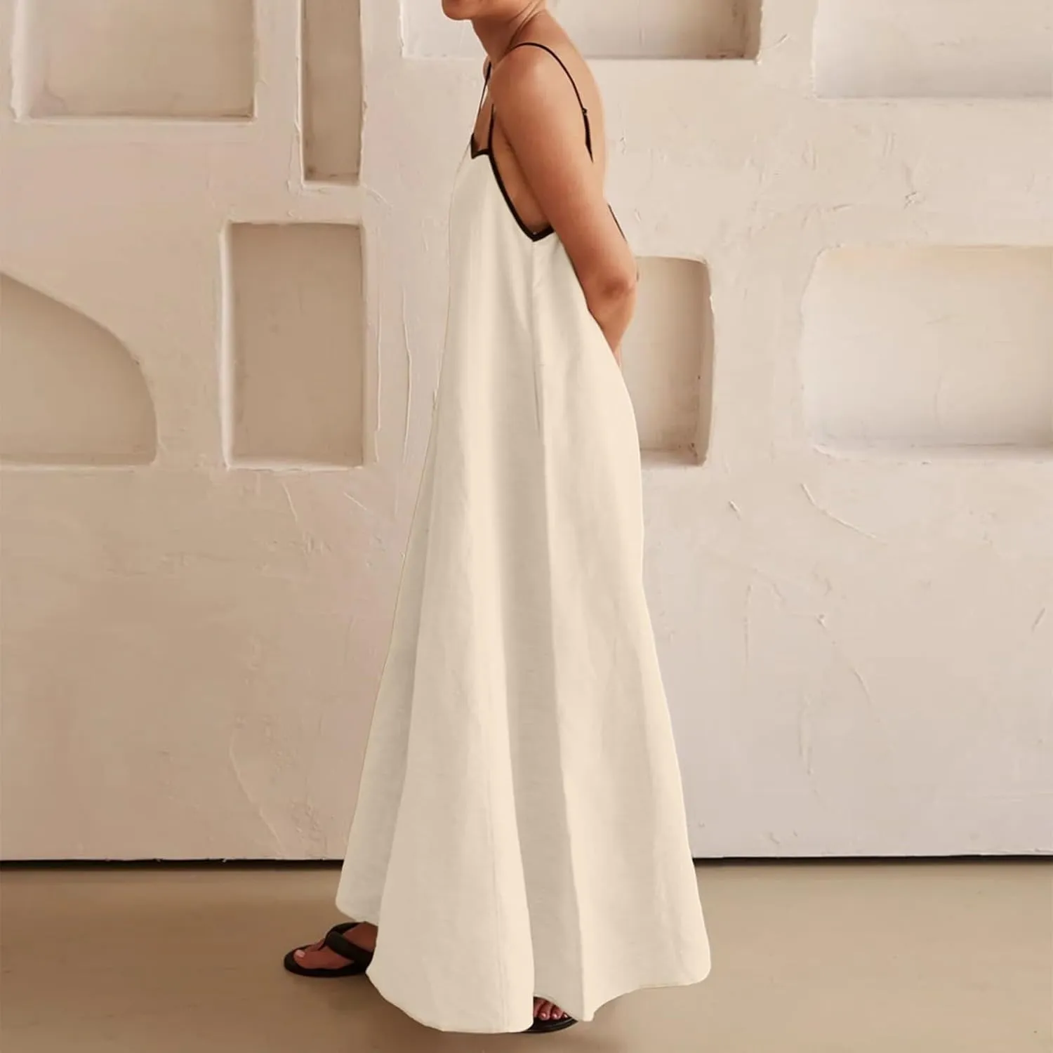 Women's 2025 Summer Maxi Dress, Contrast Spaghetti Strap Dress Backless Cutout Sleeveless Casual Party Beach Dresses Sundress