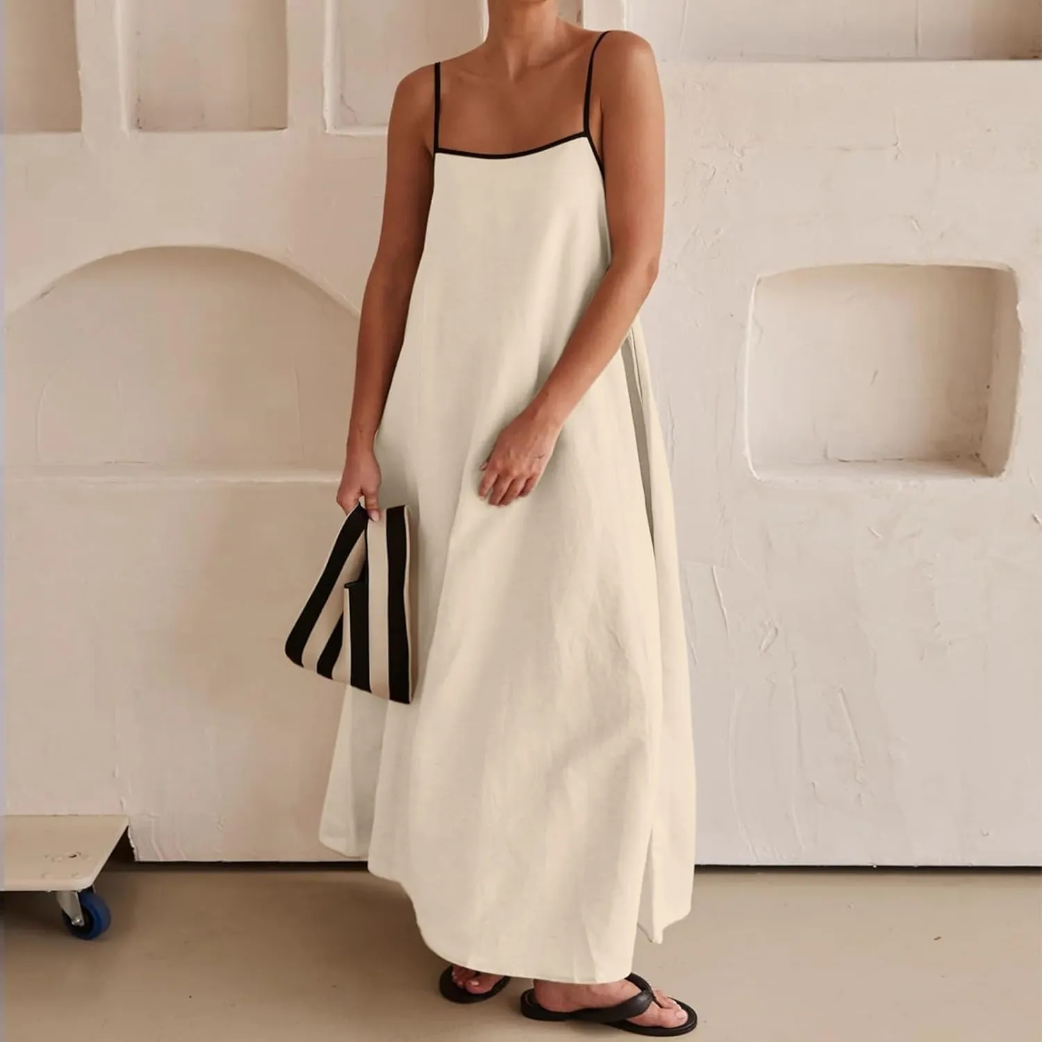 Women's 2025 Summer Maxi Dress, Contrast Spaghetti Strap Dress Backless Cutout Sleeveless Casual Party Beach Dresses Sundress