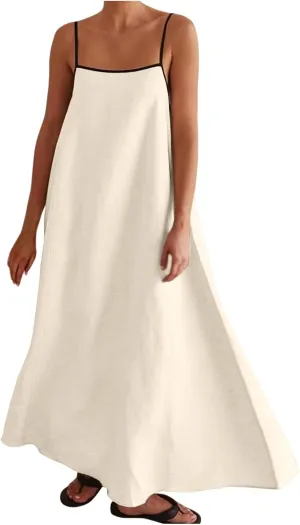 Women's 2025 Summer Maxi Dress, Contrast Spaghetti Strap Dress Backless Cutout Sleeveless Casual Party Beach Dresses Sundress