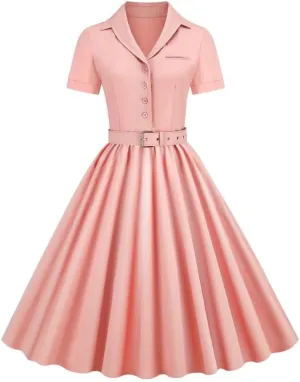 Womens Audrey Hepburn Style Dresses 1950s Vintage Lapel Button Up Short Sleeve Cocktail A-Line Swing Dress