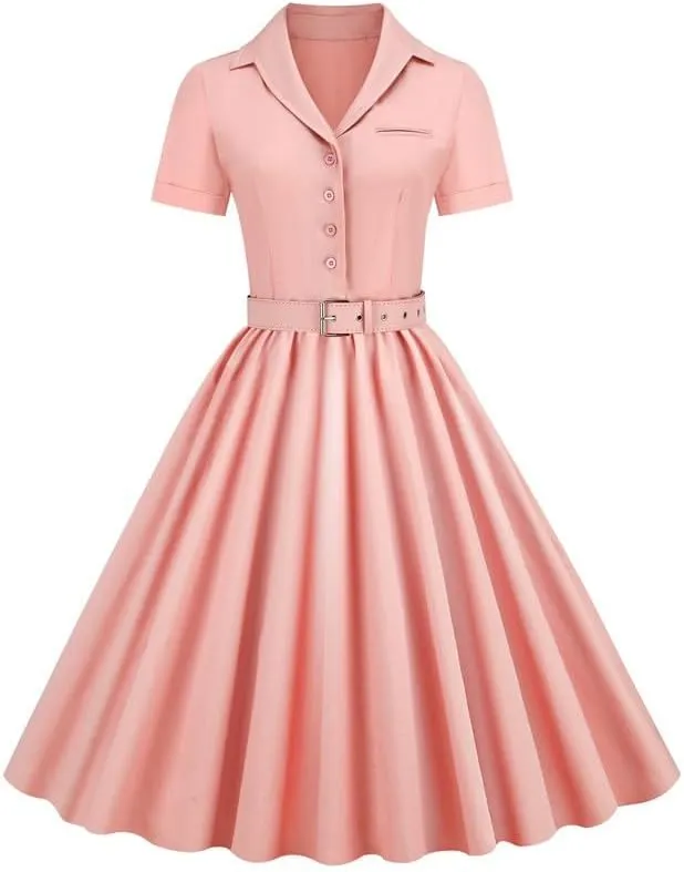 Womens Audrey Hepburn Style Dresses 1950s Vintage Lapel Button Up Short Sleeve Cocktail A-Line Swing Dress