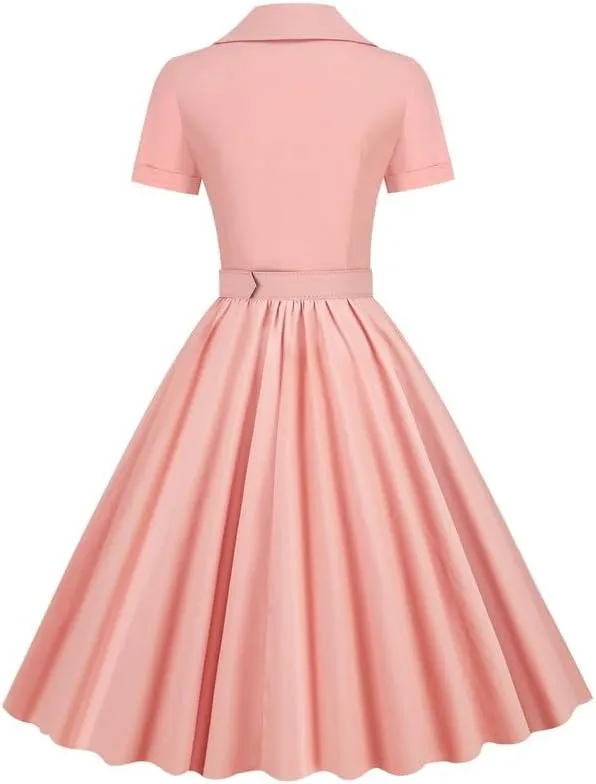 Womens Audrey Hepburn Style Dresses 1950s Vintage Lapel Button Up Short Sleeve Cocktail A-Line Swing Dress