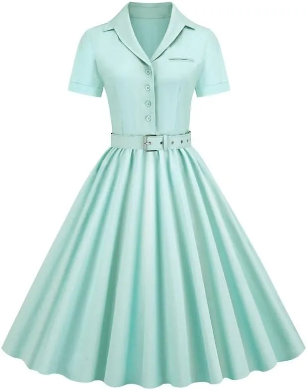 Womens Audrey Hepburn Style Dresses 1950s Vintage Lapel Button Up Short Sleeve Cocktail A-Line Swing Dress
