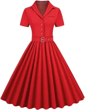 Womens Audrey Hepburn Style Dresses 1950s Vintage Lapel Button Up Short Sleeve Cocktail A-Line Swing Dress