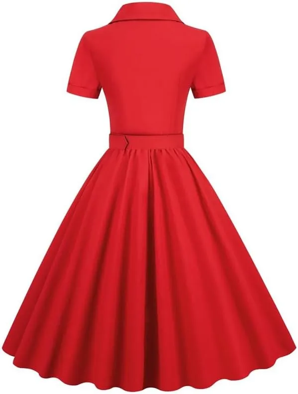 Womens Audrey Hepburn Style Dresses 1950s Vintage Lapel Button Up Short Sleeve Cocktail A-Line Swing Dress