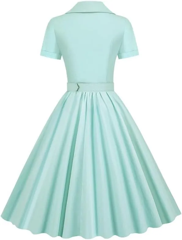 Womens Audrey Hepburn Style Dresses 1950s Vintage Lapel Button Up Short Sleeve Cocktail A-Line Swing Dress