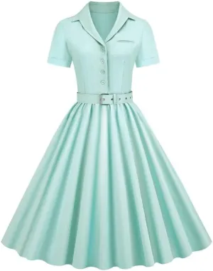 Womens Audrey Hepburn Style Dresses 1950s Vintage Lapel Button Up Short Sleeve Cocktail A-Line Swing Dress