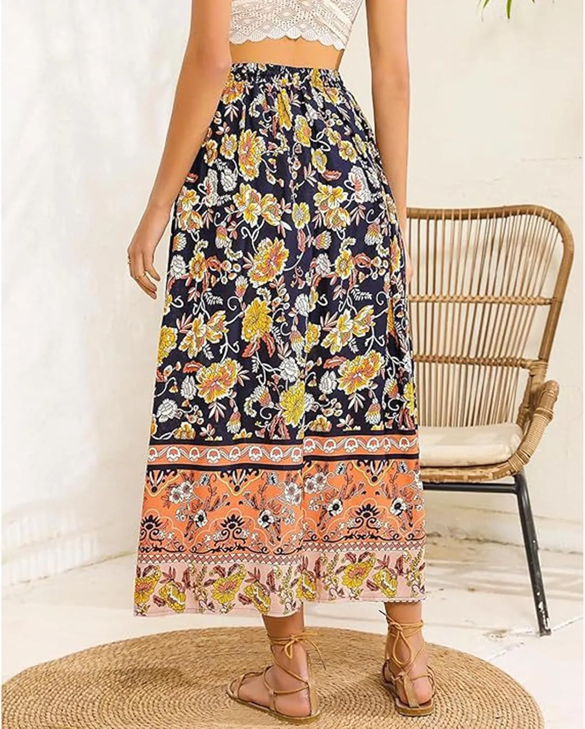 Women's Boho Dresses 2025 Pleated Skirt Chiffon Elastic Waist A-Line Midi Length Skirt, S-2XL