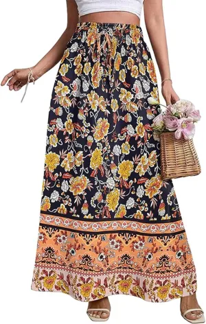 Women's Boho Dresses 2025 Pleated Skirt Chiffon Elastic Waist A-Line Midi Length Skirt, S-2XL