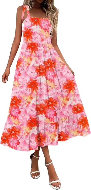 Womens Boho Dresses Summer Square Neck Sleeveless Adjustable Strap Midi Dress Trendy Floral Print Beach Sundress