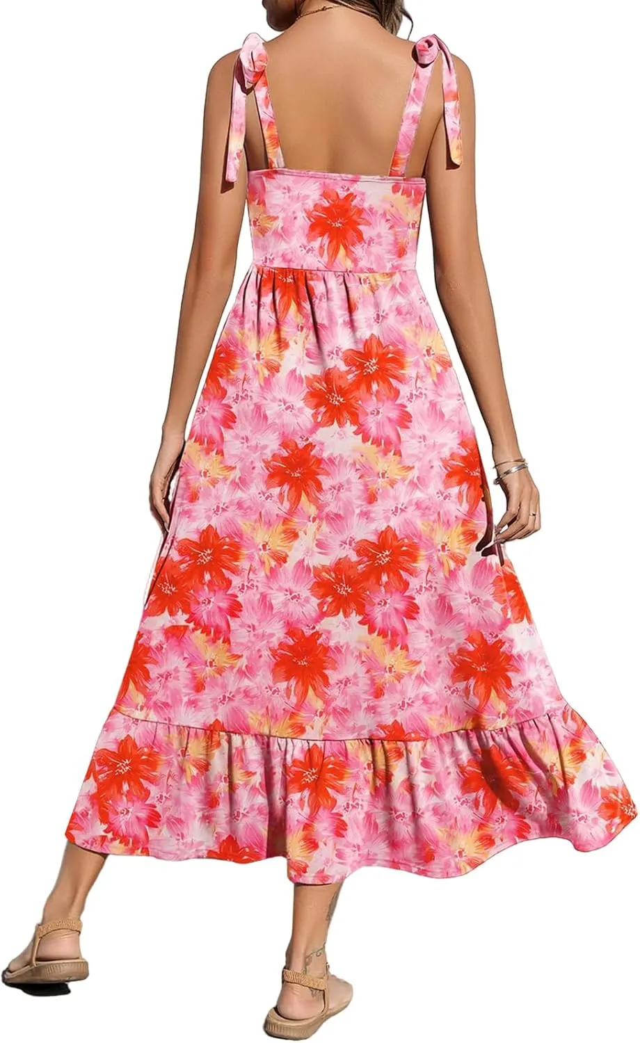Womens Boho Dresses Summer Square Neck Sleeveless Adjustable Strap Midi Dress Trendy Floral Print Beach Sundress