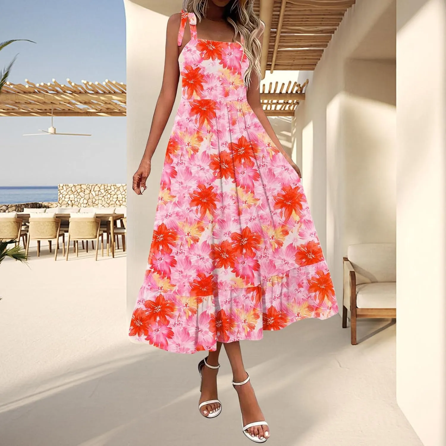 Womens Boho Dresses Summer Square Neck Sleeveless Adjustable Strap Midi Dress Trendy Floral Print Beach Sundress