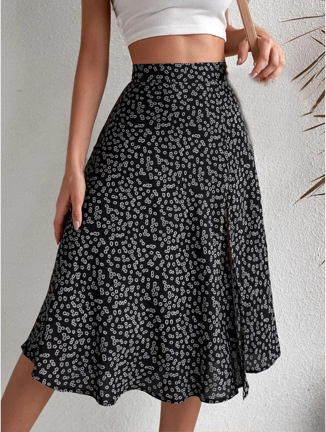 Women's Boho Skirts Floral High Waist A Line Swing Midi Skirt Side Split Hem Summer Beach Dresses