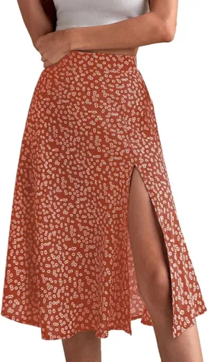Women's Boho Skirts Floral High Waist A Line Swing Midi Skirt Side Split Hem Summer Beach Dresses