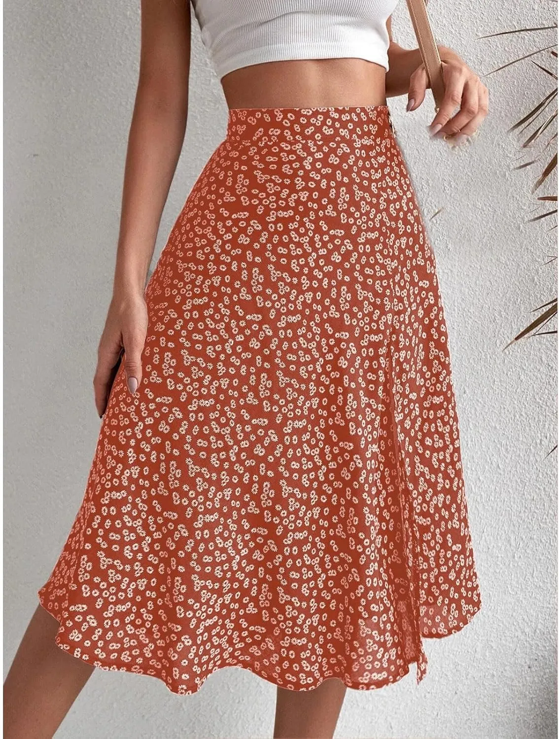 Women's Boho Skirts Floral High Waist A Line Swing Midi Skirt Side Split Hem Summer Beach Dresses